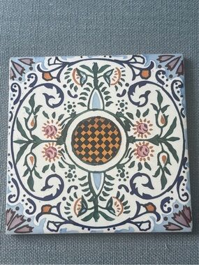 Vintage Hand-Painted Floral Ceramic Tile Art - Blue, Green, Orange
